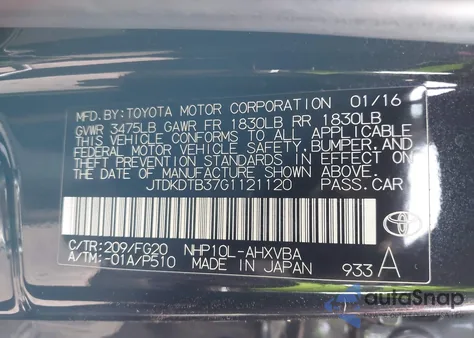 2016 Toyota Prius C Two from USA, damaged, VIN JTDKDTB37G1121120